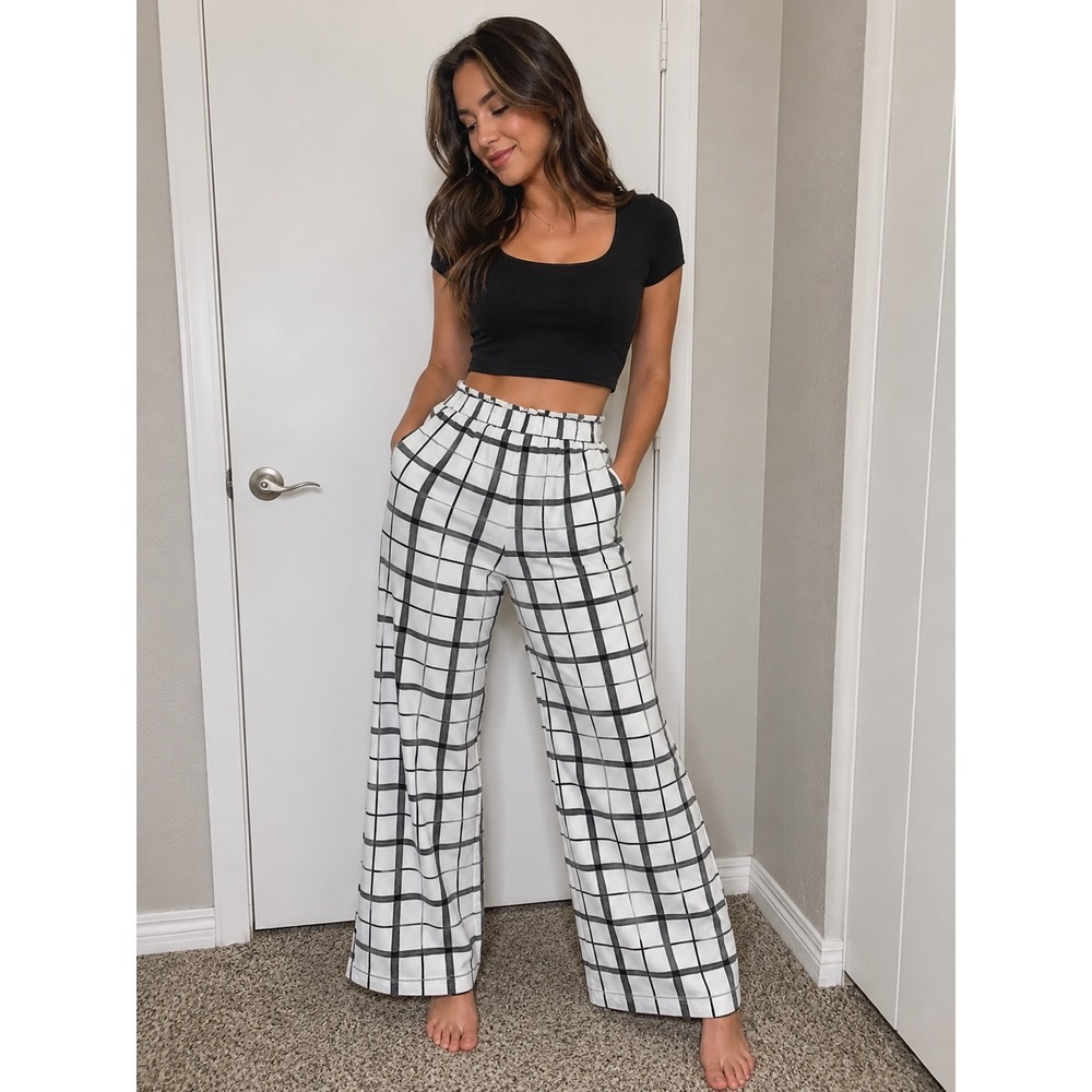 Est 1946 Womens High Rise Wide Leg Plaid Pants Black White Windowpane Large